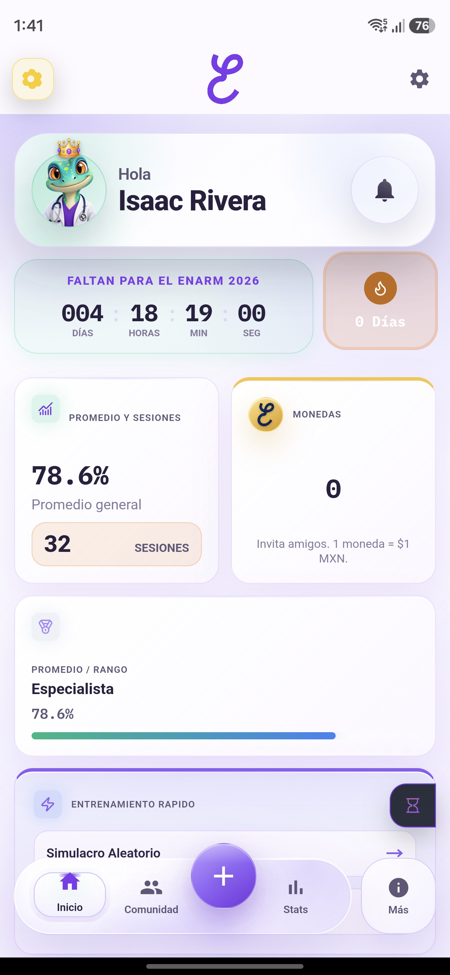 Vista de ejemplo del inicio de ENARMax en tema claro, con resumen de avance y herramientas de estudio.